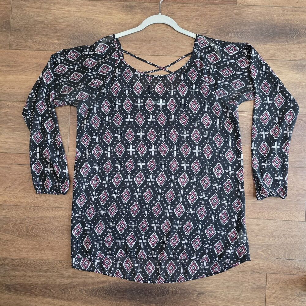 Maurices Blouse Womens XL Semi Sheer Print Black Burgundy Cross